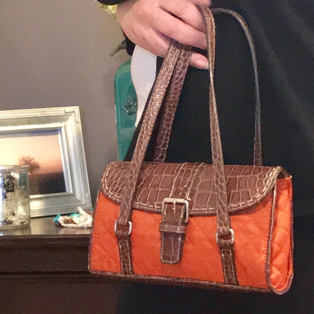 Liz Claiborne faux Croc Handbag, Vegan Leather w/Orange quilting